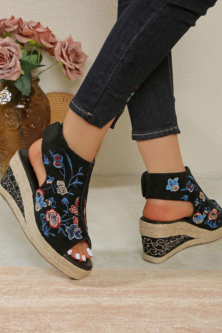 Sandali con zeppa casual con punta aperta e cinturino posteriore, motivo floreale 