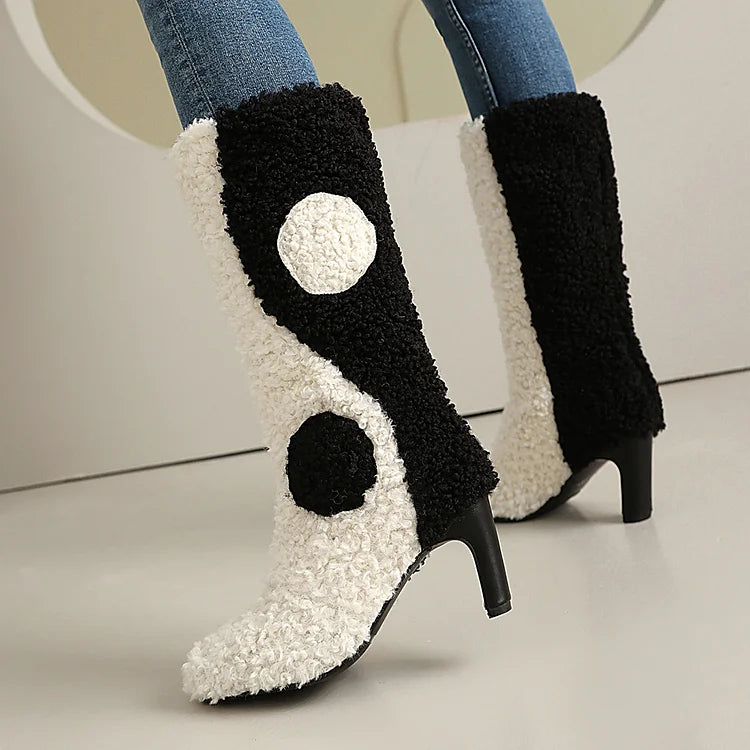 Colorblock Faux Fur Round Toe Chunky Heel Pull On Mid Calf Boots