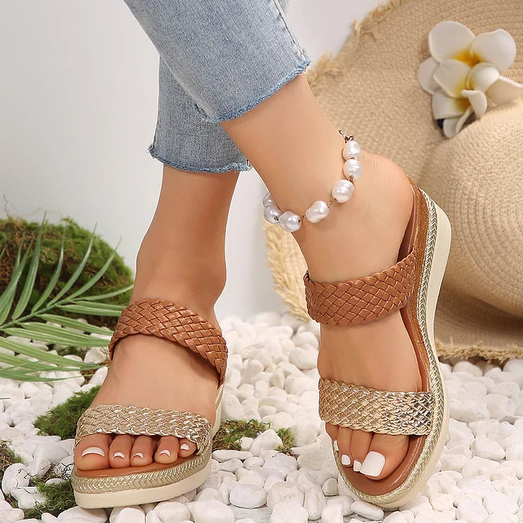 Colorblock Woven Instep Strap Open Toe Casual Wedge Slippers