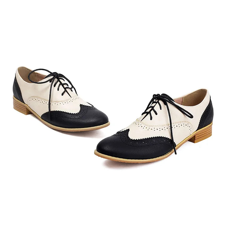 Round Toe Colorblock Patchwork Low Block Heel Lace Up Oxfords