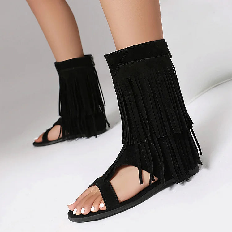 Sandały botki na wysokim obcasie z zamkiem błyskawicznym, odkrytymi palcami, ozdobione frędzlami w jednolitym kolorze