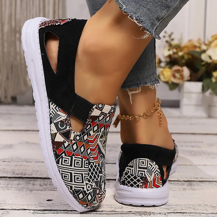 Ethnic Geo Pattern Print Cut Out Square Toe Slip On Loafers