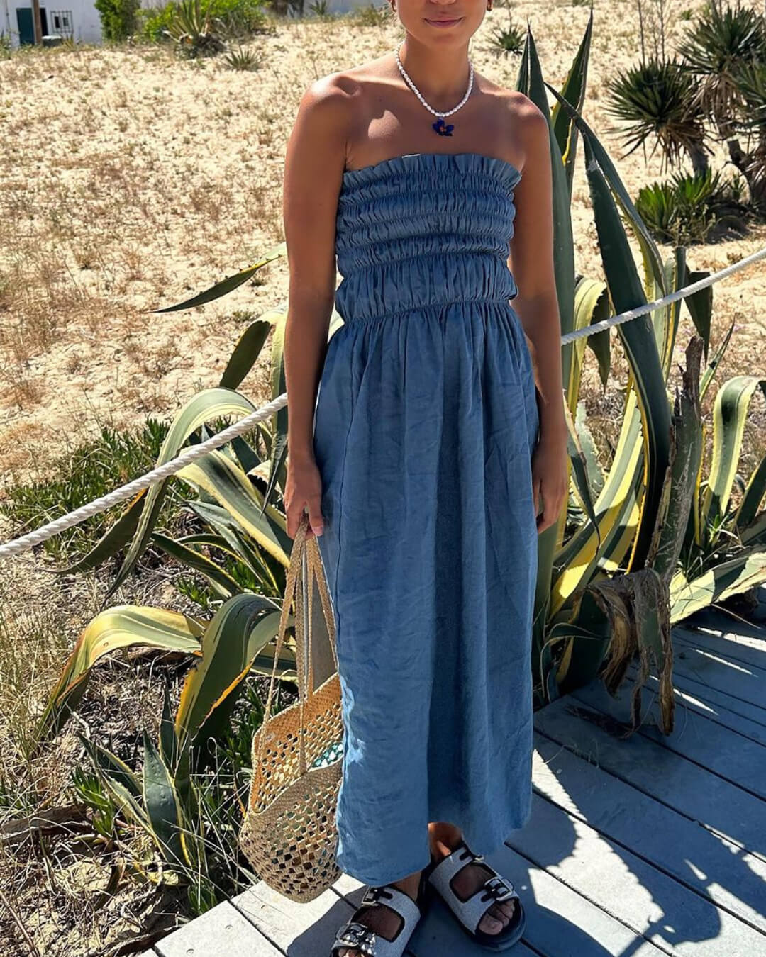 Smocked Bust Off Shoulder Vacation Midi Dress