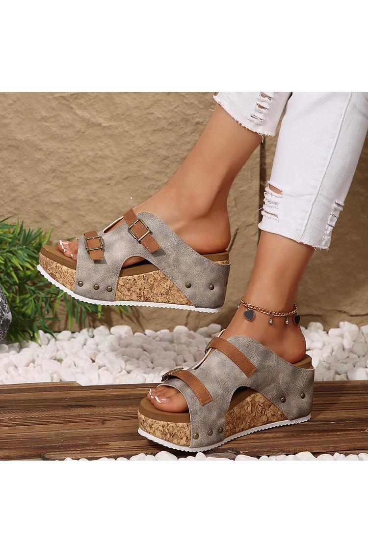 Pantofole casual con zeppa, punta rotonda, due cinturini e fibbie colorblock 