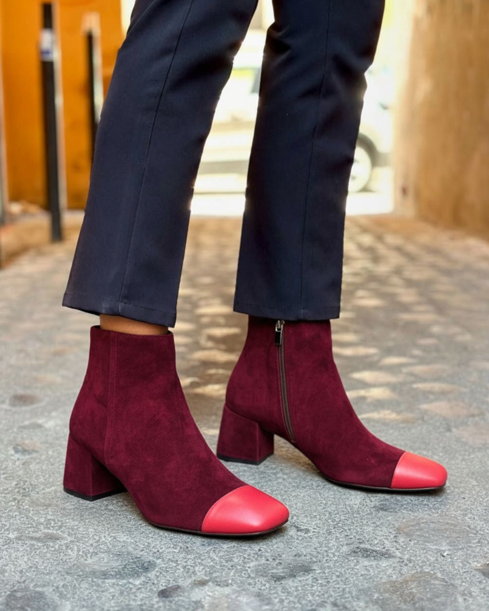 Colorblock Knöchelstiefel mit quadratischer Spitze, Blockabsatz und Reißverschluss [Vorbestellung]