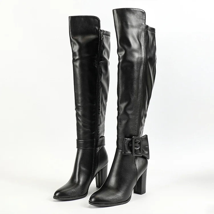 Irregular Edge Buckle Solid Color Pointed Toe Chunky Heel Knee High Boots