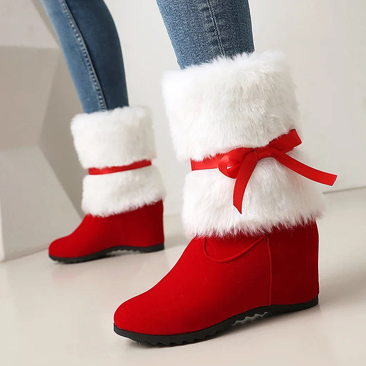 Christmas Fluffy Tied Up Bow Round Toe Wedge Heel Mid Boots