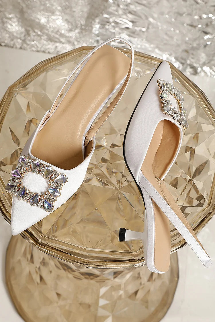 Rhinestone Decor Pointed Toe Slingback Kitten Heels