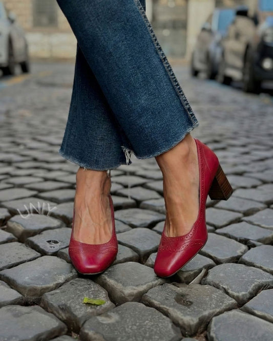Classic Burgundy Square Toe Brogue Slip-On Block Heels [Pre Order]