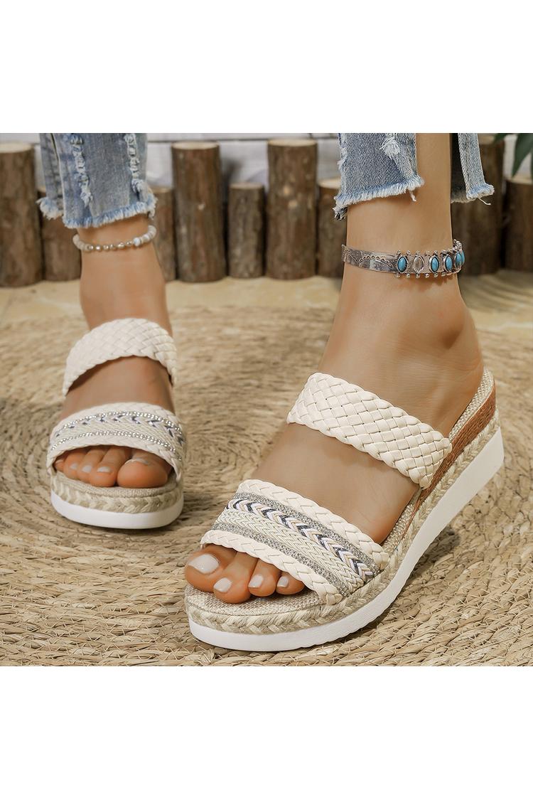 Pantofole casual con zeppa, punta rotonda, cinturino intrecciato e decorazioni in strass