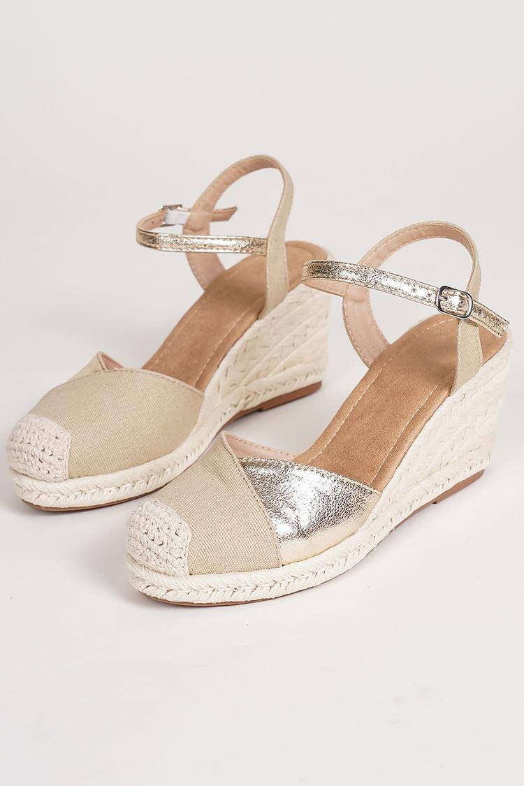 Sandali con zeppa e cinturino alla caviglia con punta tonda patchwork e fibbia 