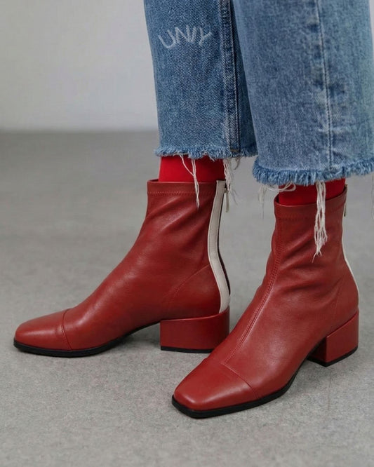 Red Leather Square Toe Block Heel Ankle Boots  [Pre Order]