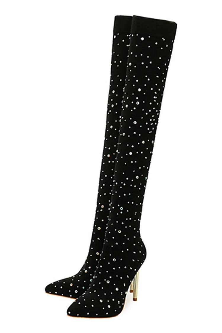 Rhinestone Decor Pointed Toe Stiletto Heel Over The Knee Sock Boots