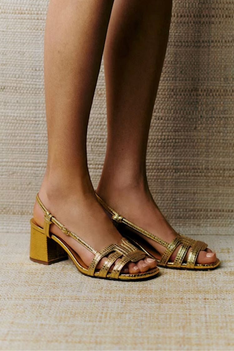 Sandali con Tacco Largo con Cinturini Multipli, Slingback, Effetto Pelle di Lucertola Dorata [Pre Ordine]
