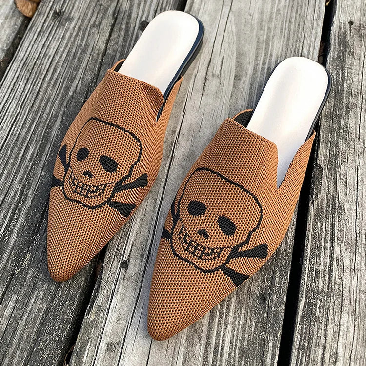 Casual Skull Print Pointy Toe Breathable Knit Mules