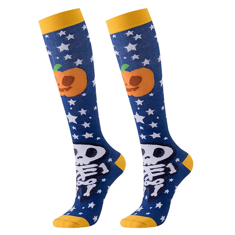 Calcetines por encima de la pantorrilla con estampado de estrellas, casa embrujada, calavera y fantasma de Halloween 