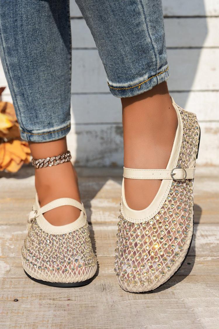 Fivela de Correia no Peito do Pé para Decoração de Perfuração a Quente Sapatilhas de Malha com Biqueira Redonda