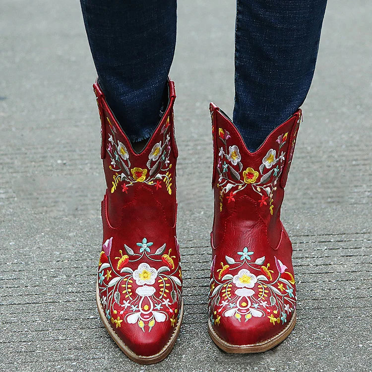 Floral Embroidery Pointed Toe Patchwork Chunky Heel Cowgirl Boots