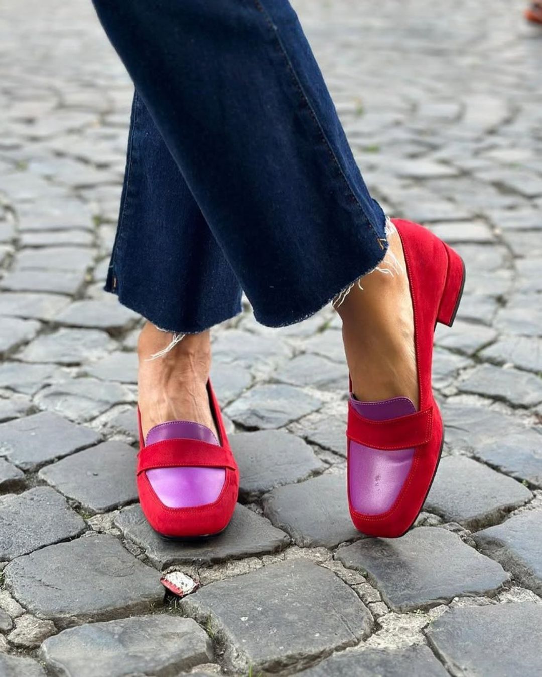 Refined Faux Suede Contrast Panel Square Toe Loafers [Pre Order]