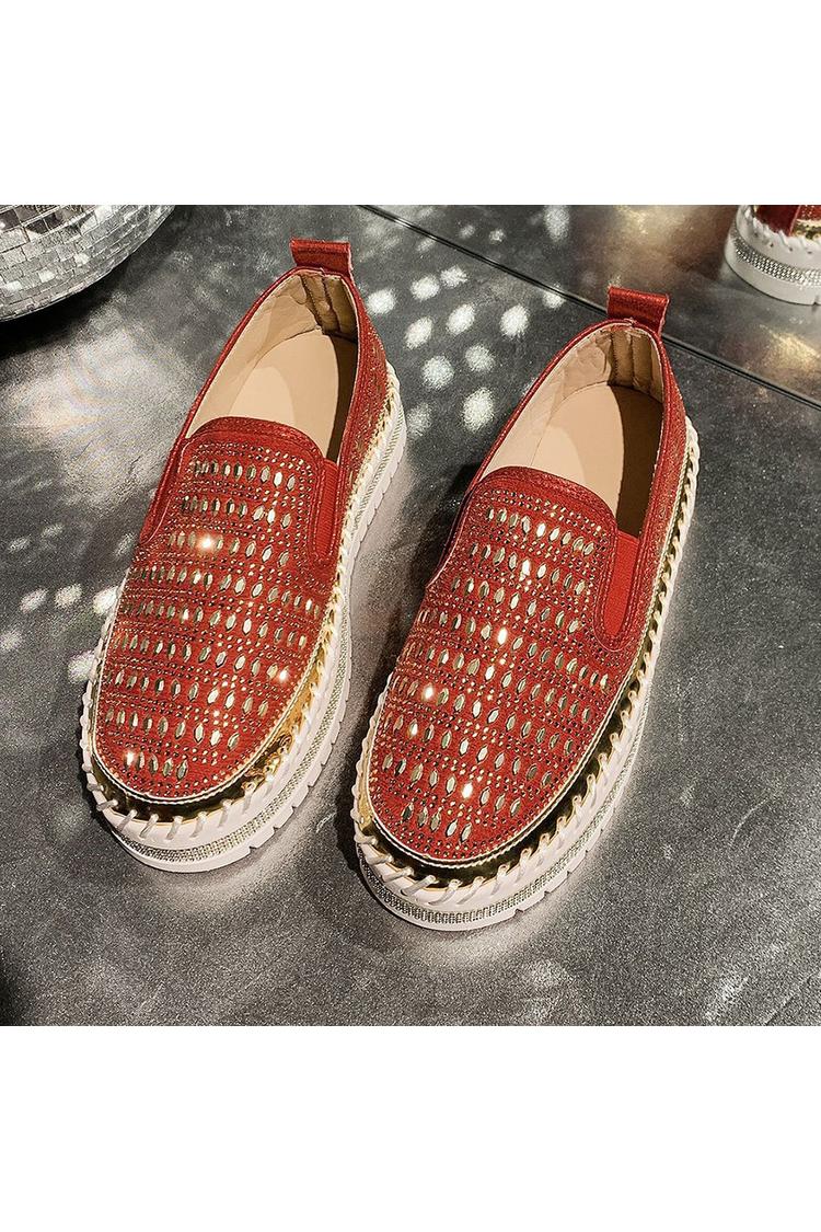 Strassverzierung Steppdetail Rundzehen Freizeit Plateau Loafers