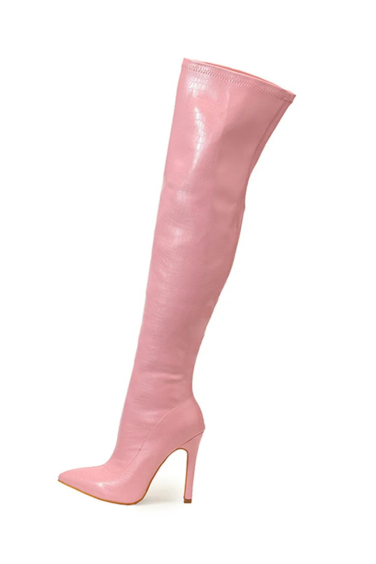 Solid Color Side Zipper Pointed Toe Stiletto Heel Over The Knee Boots