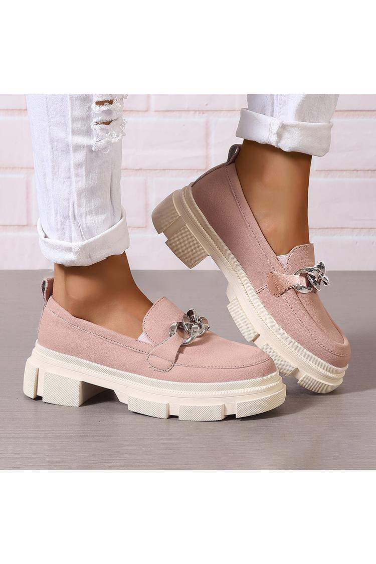 Einfarbige Metallkette Dekor Rundzehen Klobiger Absatz Loafers