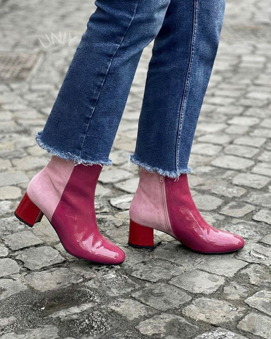 Pink Magenta Color Block Patent Suede Chunky Heel Boots [Pre Order]
