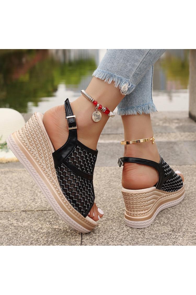 Zeppe casual in rete con cinturino alla caviglia con fibbia e punta aperta patchwork