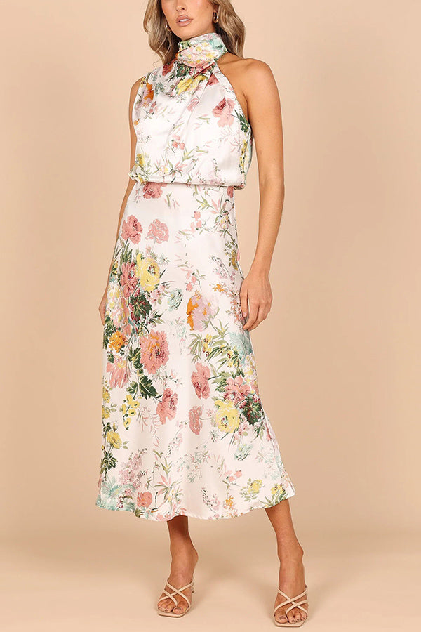 Vestido maxi floral com decote halter e cintura elástica