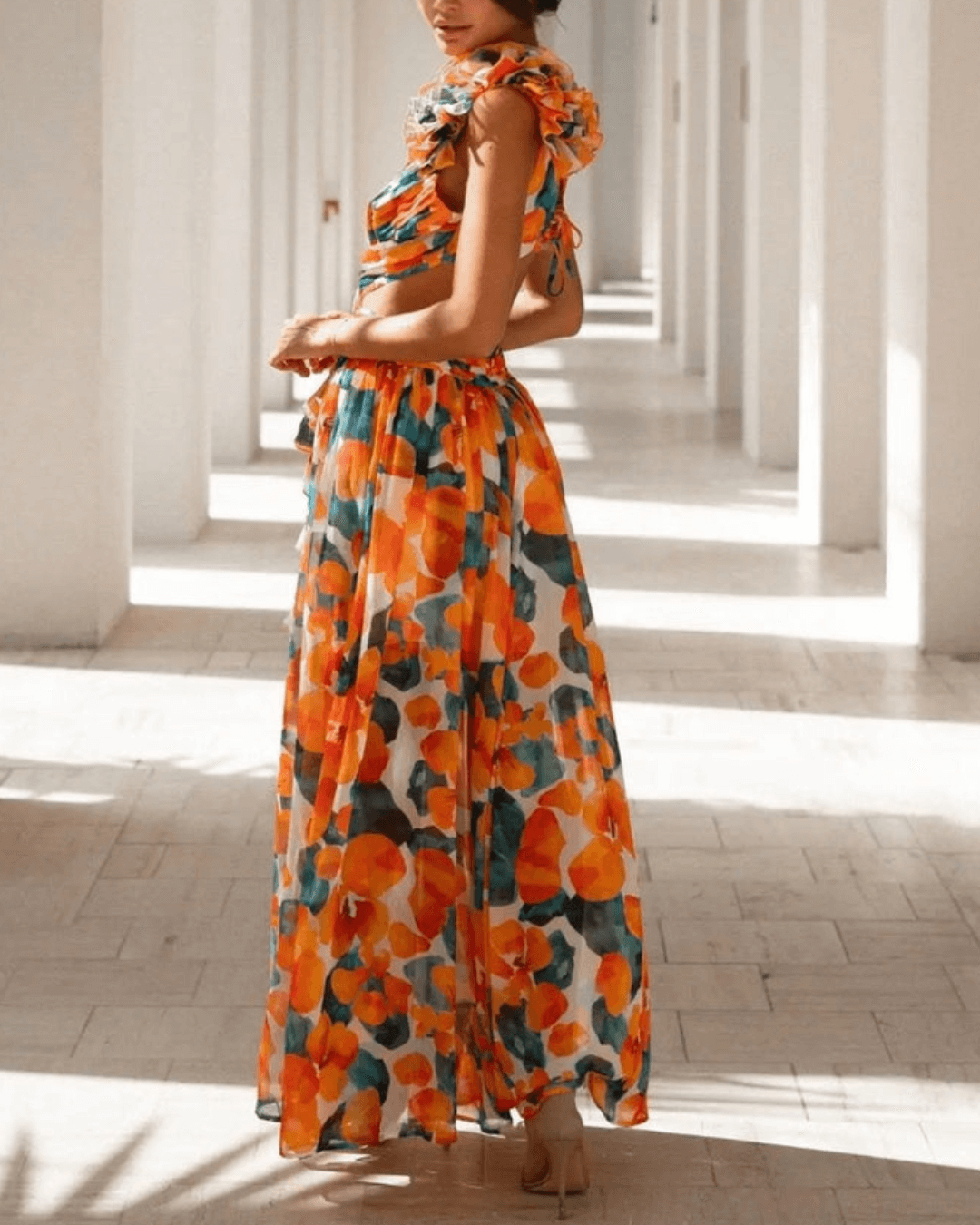 Floral Ruffle Detail Cut Out Back Lace-up Maxi Dress