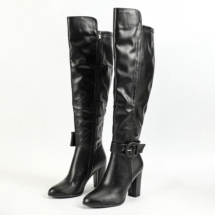 Strap Buckle Decor Irregular Edge Pointed Toe Chunky Heel Knee High Boots