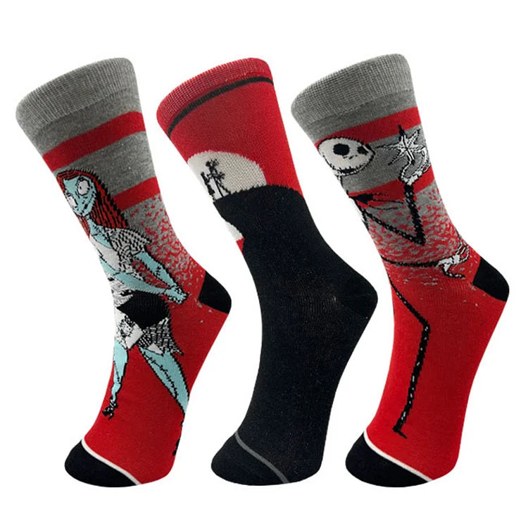 Calcetines de media pantorrilla con estampado de calavera, luna y esqueleto aterrador para Halloween 