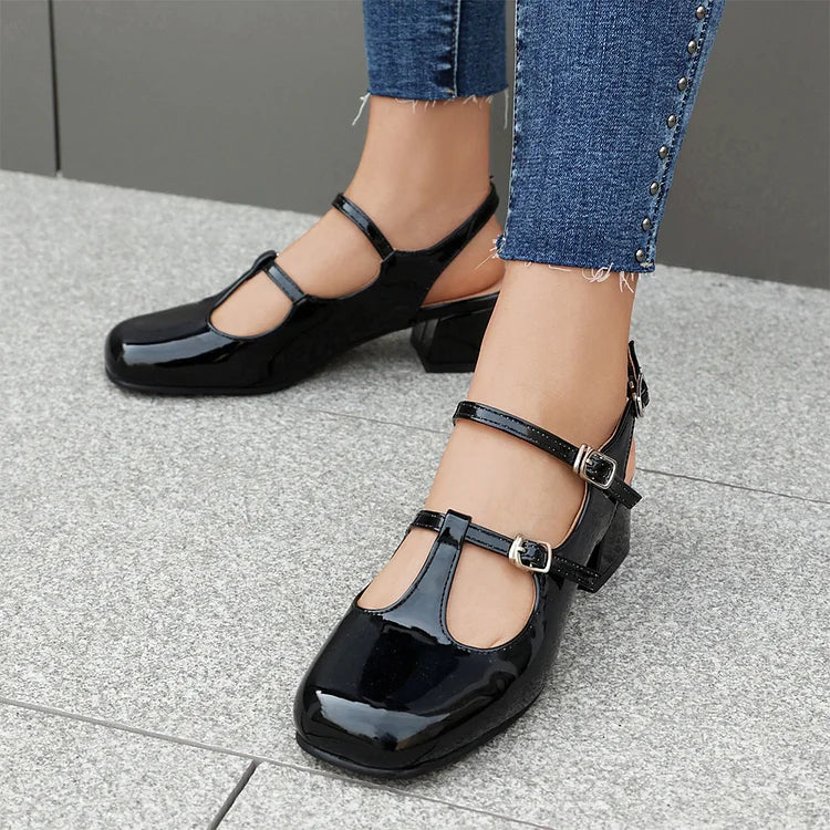 Cinghie sul collo del piede, fibbie, tinta unita, punta quadrata, cinturino posteriore, tacco grosso