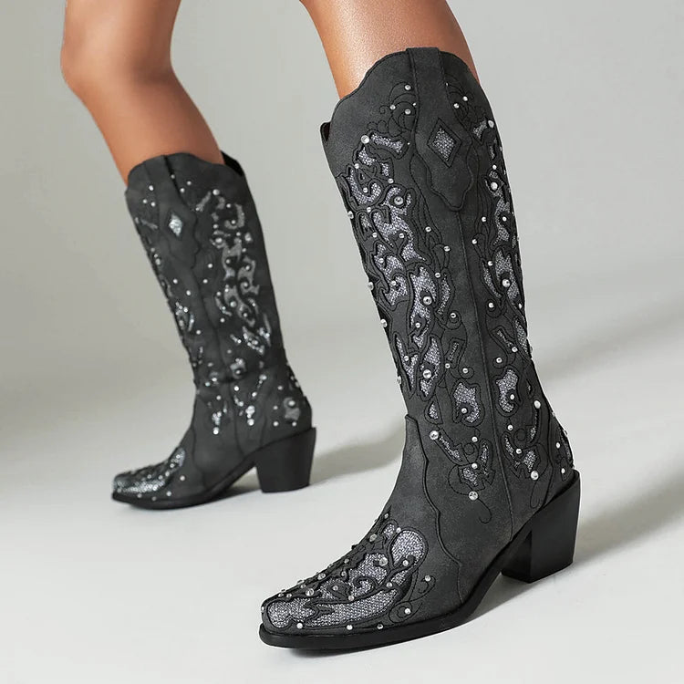 Rhinestone Decor Hollow Out Patchwork Pointed Toe Mid Calf Boots