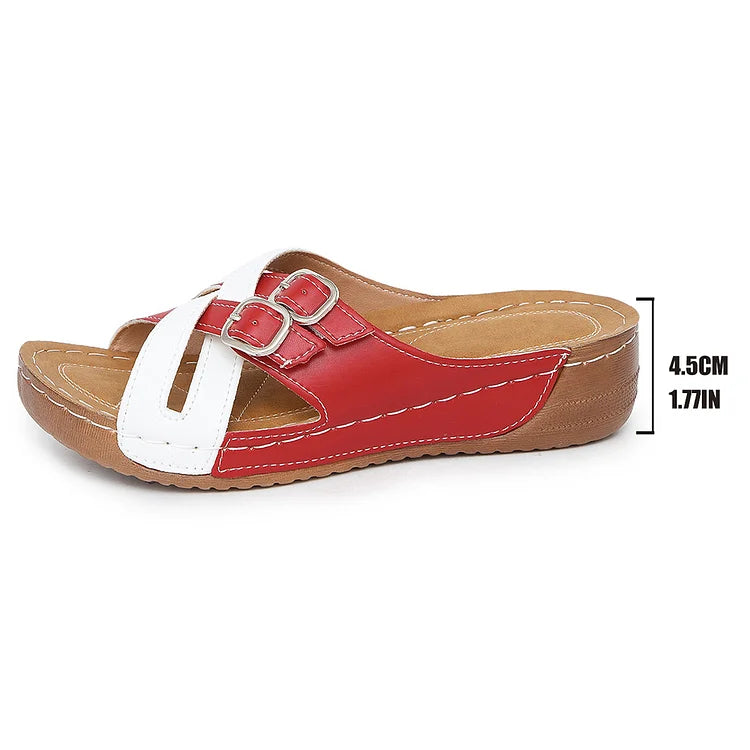 Colorblock Cross Straps Buckles Round Toe Casual Wedge Slippers