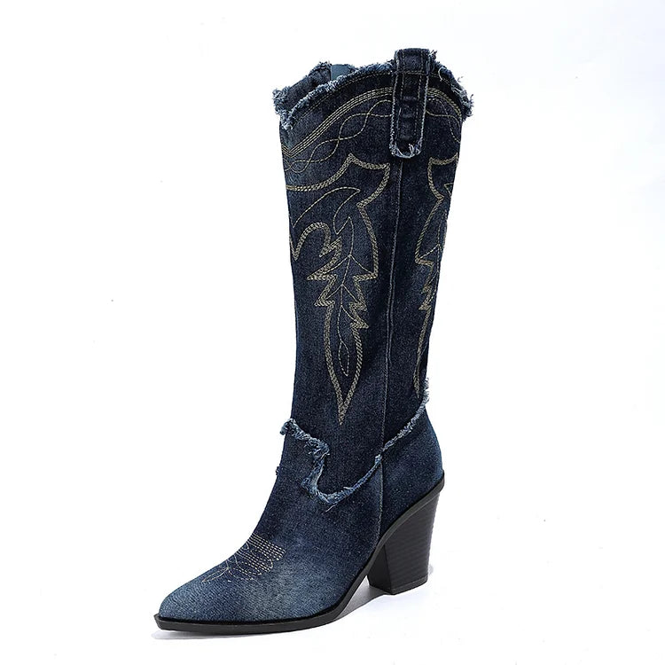 Denim-Stickerei, roher Besatz, Patchwork, spitze Zehenpartie, kniehohe Stiefel