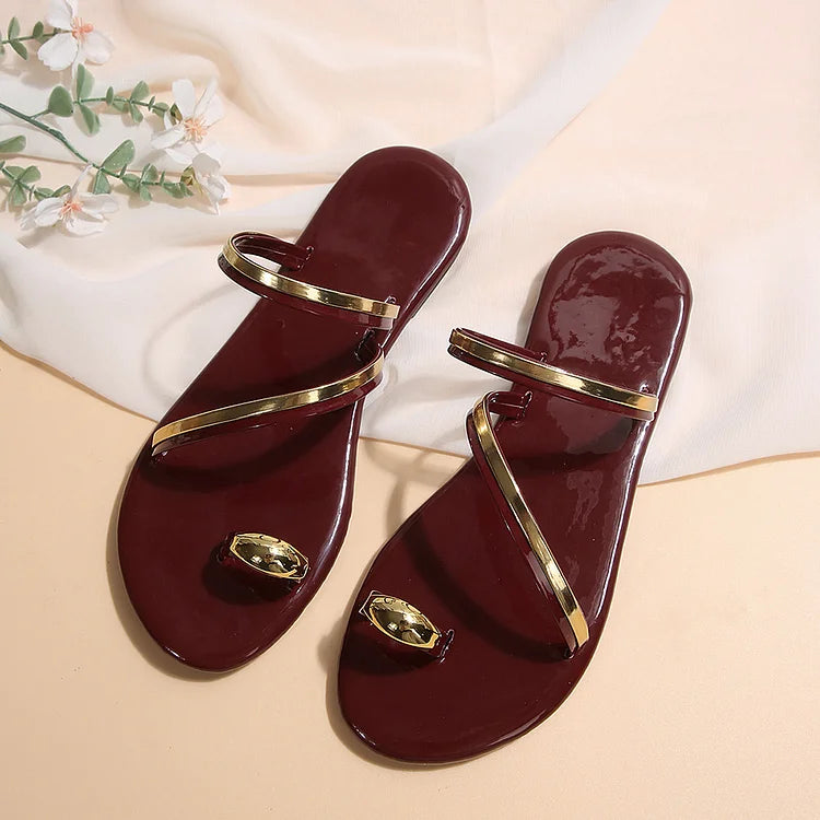 Metallic Sheen Patchwork Colorblock Toe Ring Casual Slippers