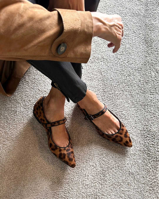 Ballerinas mit Leopardenmuster, Knöchelriemen, spitz zulaufender Zehenpartie und Einzelriemen [Vorbestellung]