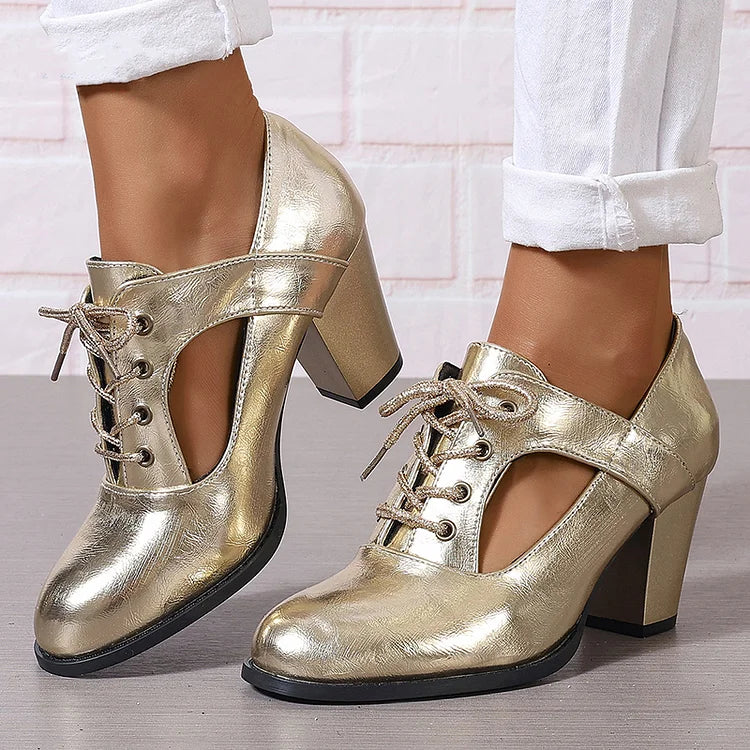 Metallic Sheen Cut Out Lace Up Plain Sandals Chunky Heels