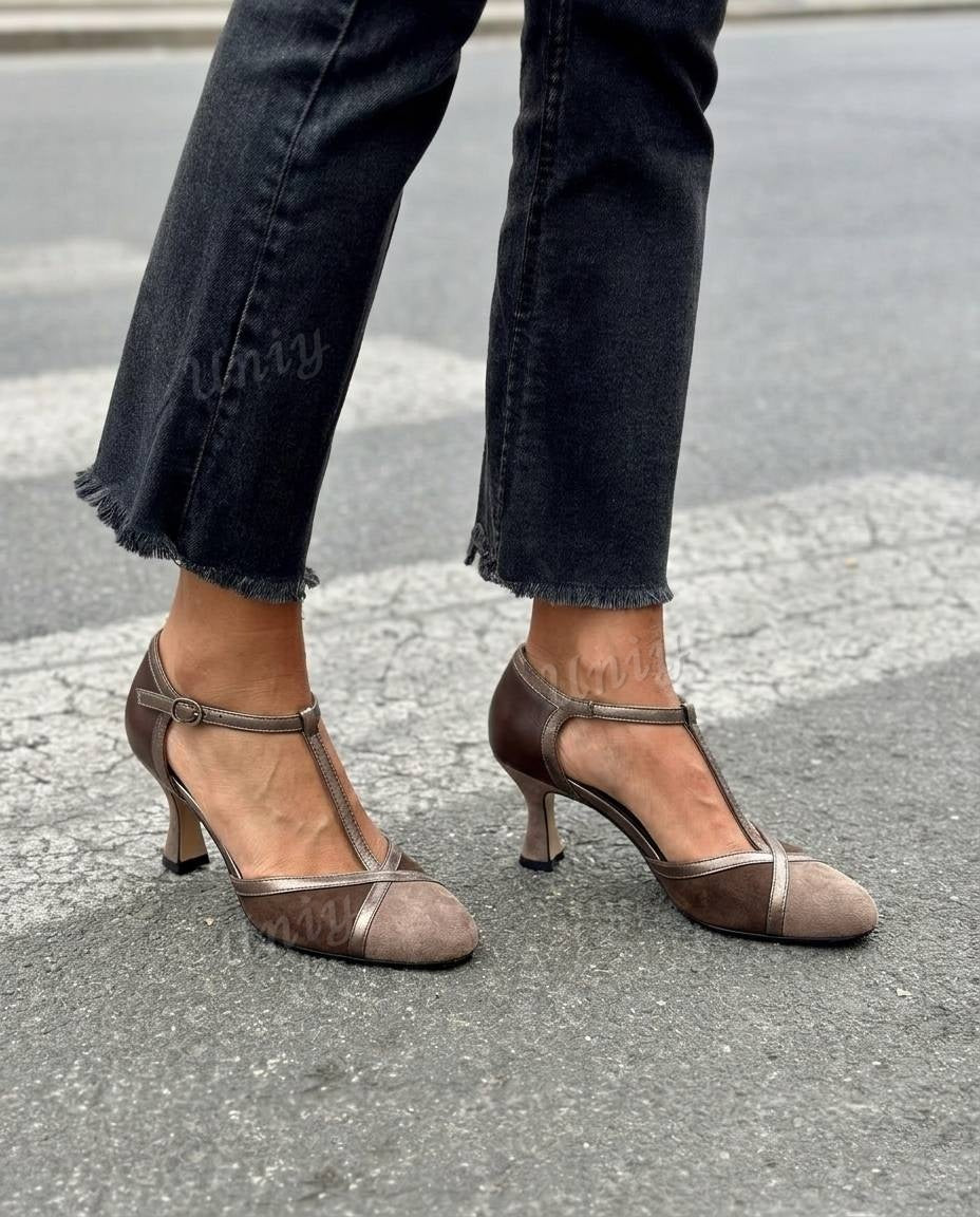 Vintage T-Strap Round Toe Flared Heel PumpsCOLOR: Taupe [Pre Order]