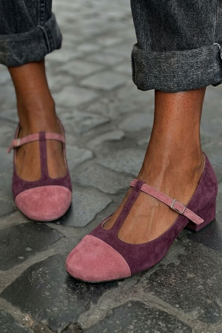Round Toe Colorblock T-Strap Buckle Red Chunky Heels