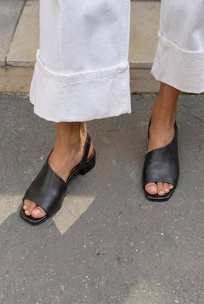 Minimalist Asymmetric Peep Toe Slingback Low Block Sandals [Pre Order]