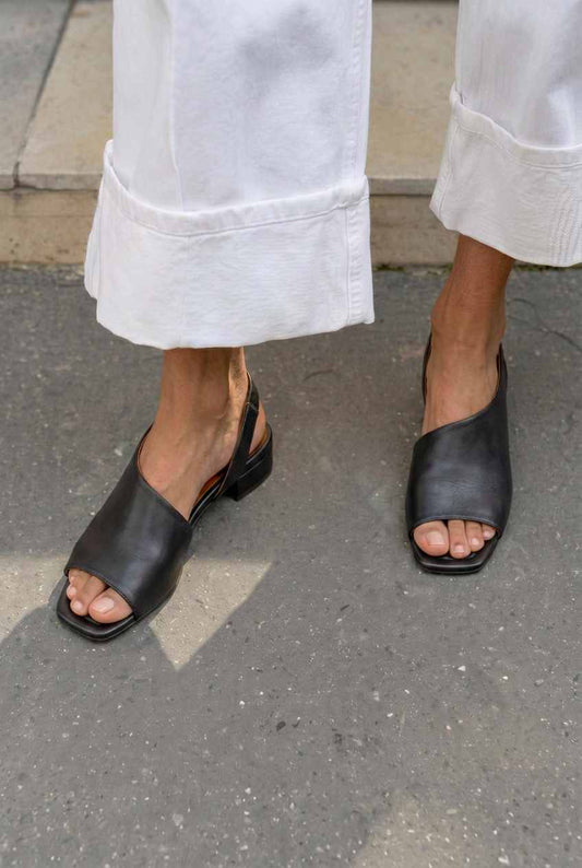 Minimalist Asymmetric Peep Toe Slingback Low Block Sandals [Pre Order]