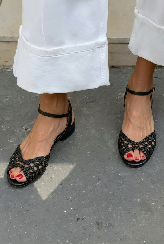 Woven Lattice Peep Toe Flat Ankle Strap Sandals [Pre Order]
