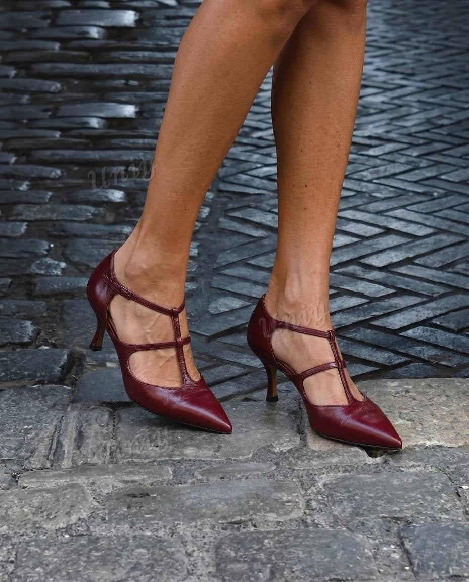 Vintage T-Strap Pointed Toe Kitten Heel Pumps [Pre Order]