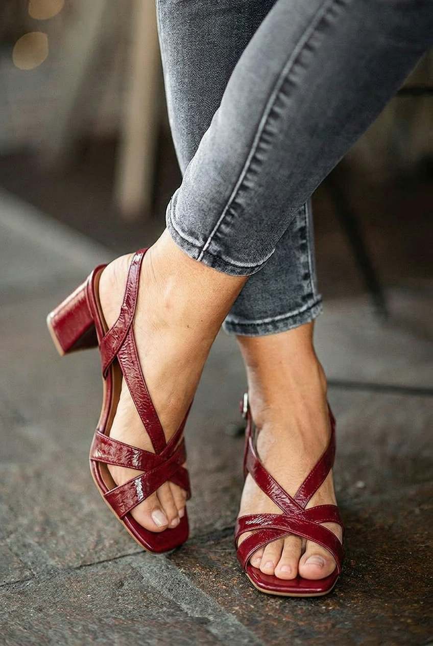 Patent Crisscross Square Toe Block Slingback Sandals [Pre Order]