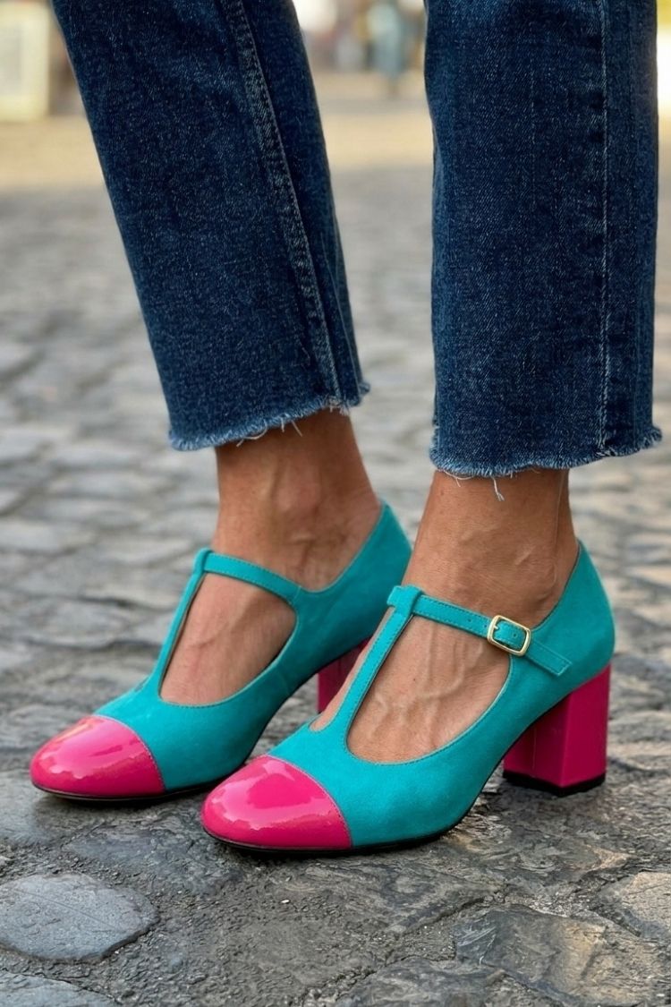 Color Block Round Toe T Strap Block Heels