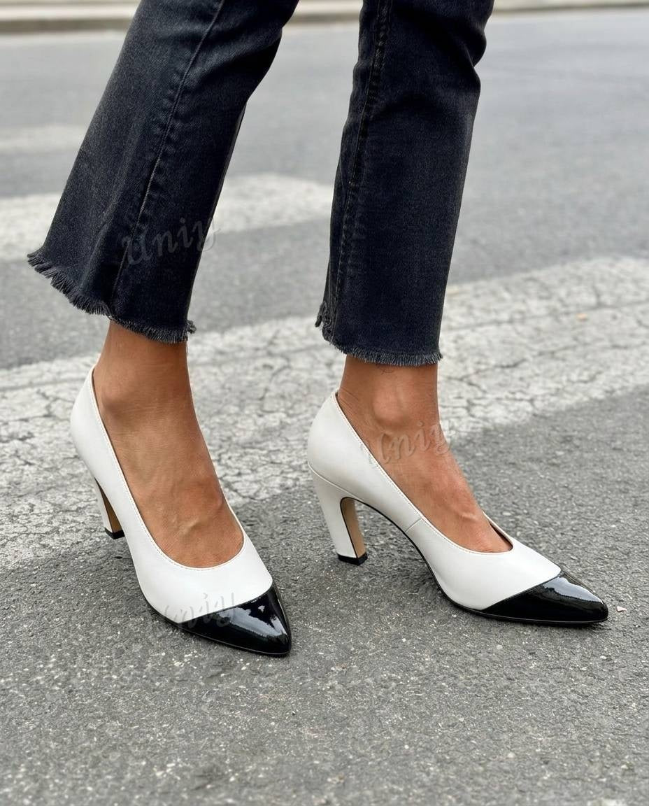 Patent Cap Toe Pointed Closed Back Block Heel Pumps [Pre Order]