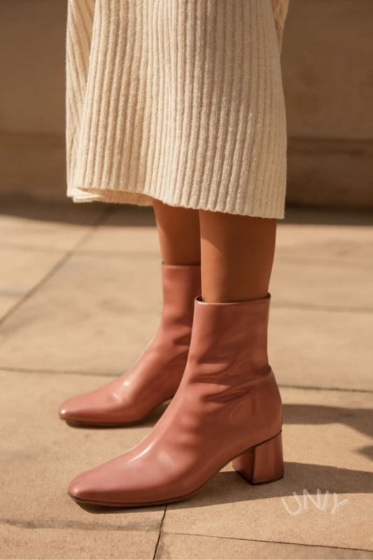 Botas de Cano Curto com Salto Quadrado Rosa Brilhante [Pré-Encomenda]
