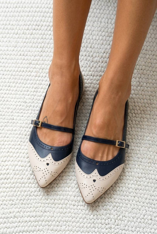 Brogue Detail Pointed Toe Buckle Strap Flats [Pre Order]